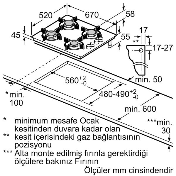 Bosch POH7C6P30O Serie 4 Gazlı Ocak 67 cm Sert cam, Siyah